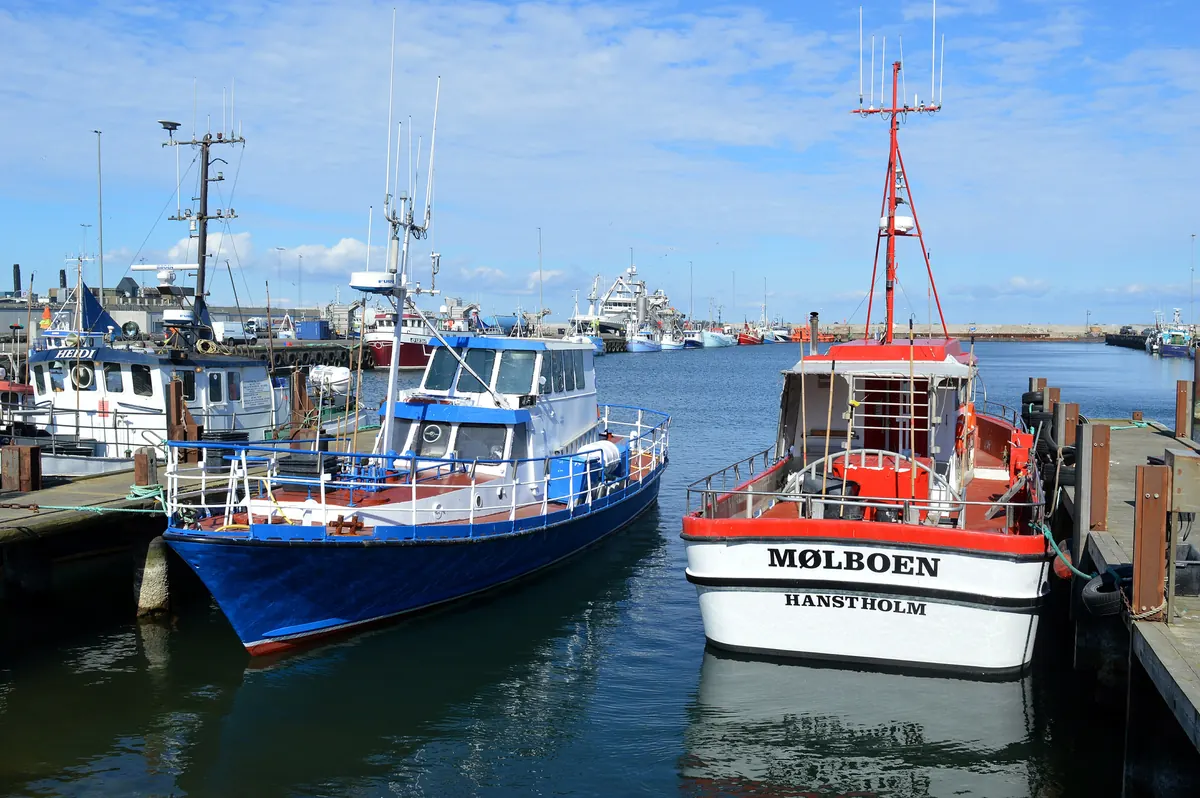 Blå og rød-hvite fiskebåter fortøyd i Hanstholm havn en solrik dag