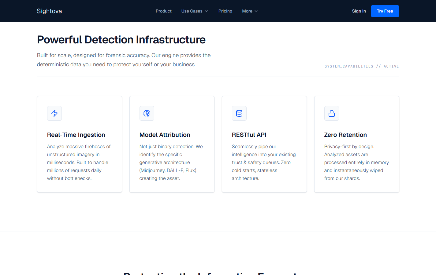 Skjermbilde av sightova.com: Sightova beskriver sanntidsanalyse, identifisering av generator, REST-API og at bildene slettes rett etter analysen.