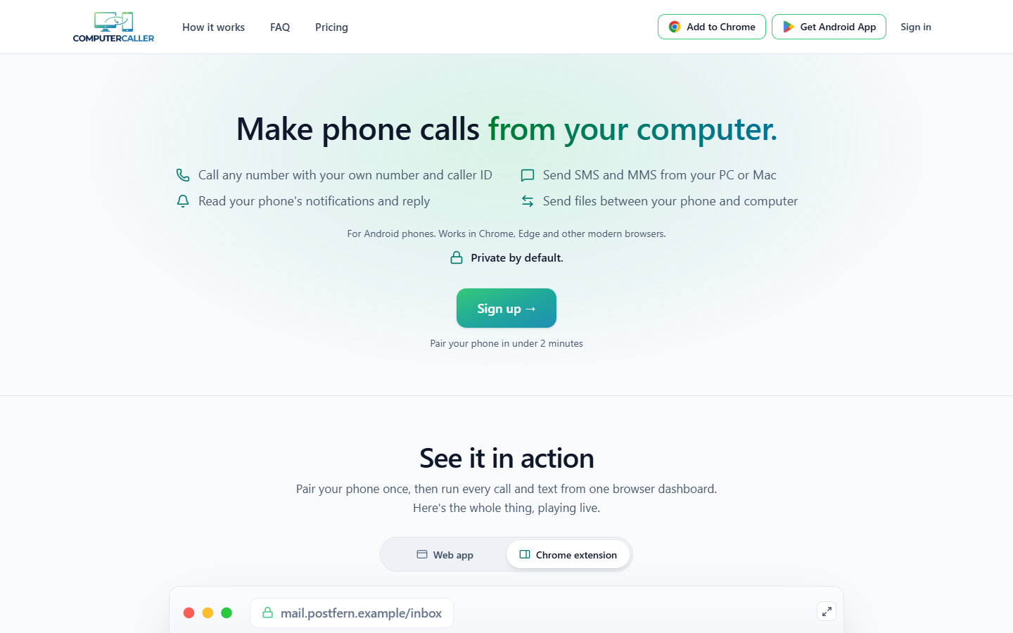 Skjermbilde av computercaller.com: ComputerCaller lar deg ringe fra datamaskinen med ditt eget nummer, sende SMS og MMS og svare på varsler fra mobilen. Tjenesten er laget for Android-telefoner.
