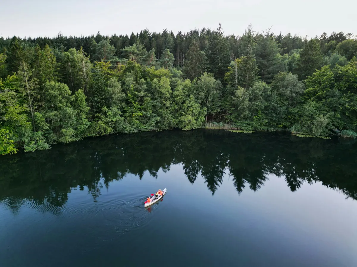 Kano på en blank innsjø omgitt av skog ved Silkeborg