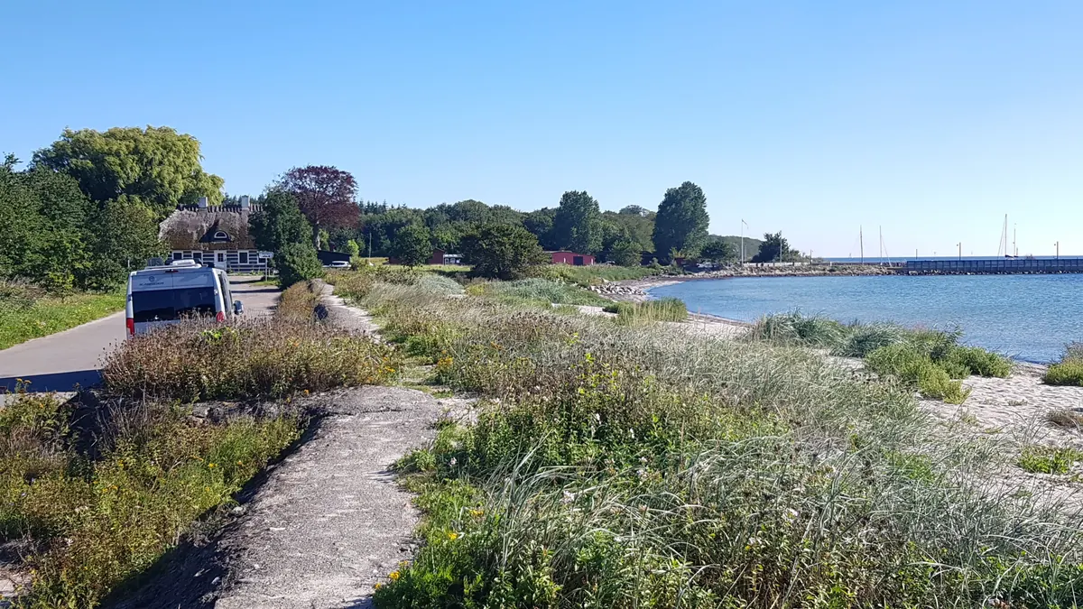 Bobil parkert på en grusplass ved kysten med strandvegetasjon og stille sjø