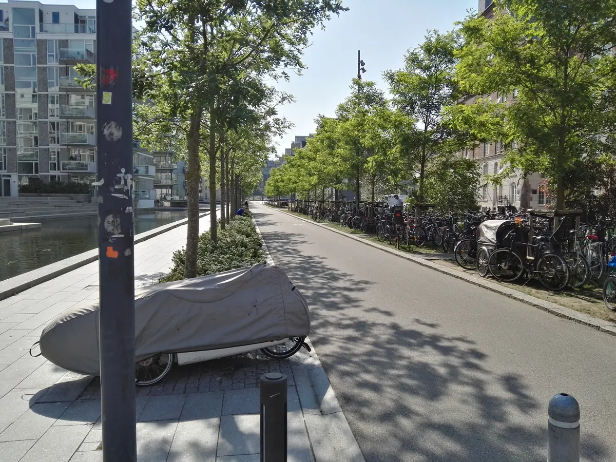 Bred sykkelsti med trær og parkerte sykler langs et vannløp i København