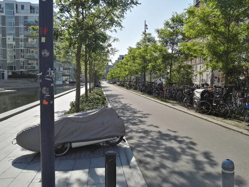 Bred sykkelsti med trær og parkerte sykler langs et vannløp i København