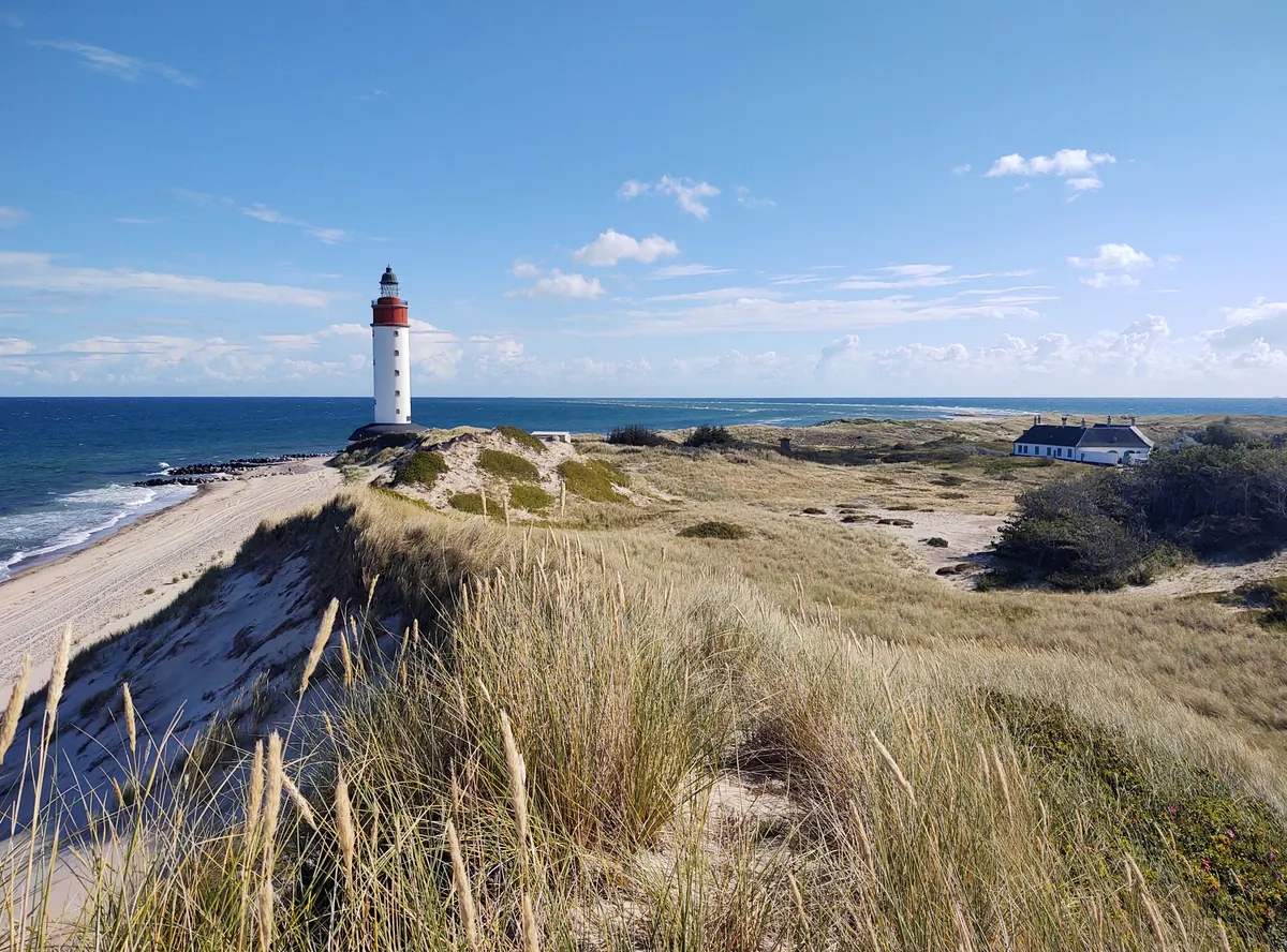 Anholt Fyr på den nordøstlige odden med klitter og strand under blå himmel