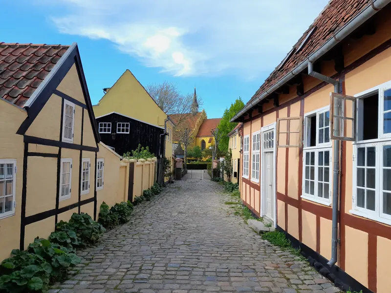 Brosteinsgate med gule bindingsverkshus og lave hager i Faaborg en solskinnsdag